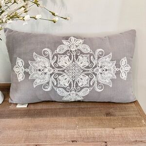 13 X 23” Decorative Throw Pillow Grey White Decorative Scroll Flower Stitching